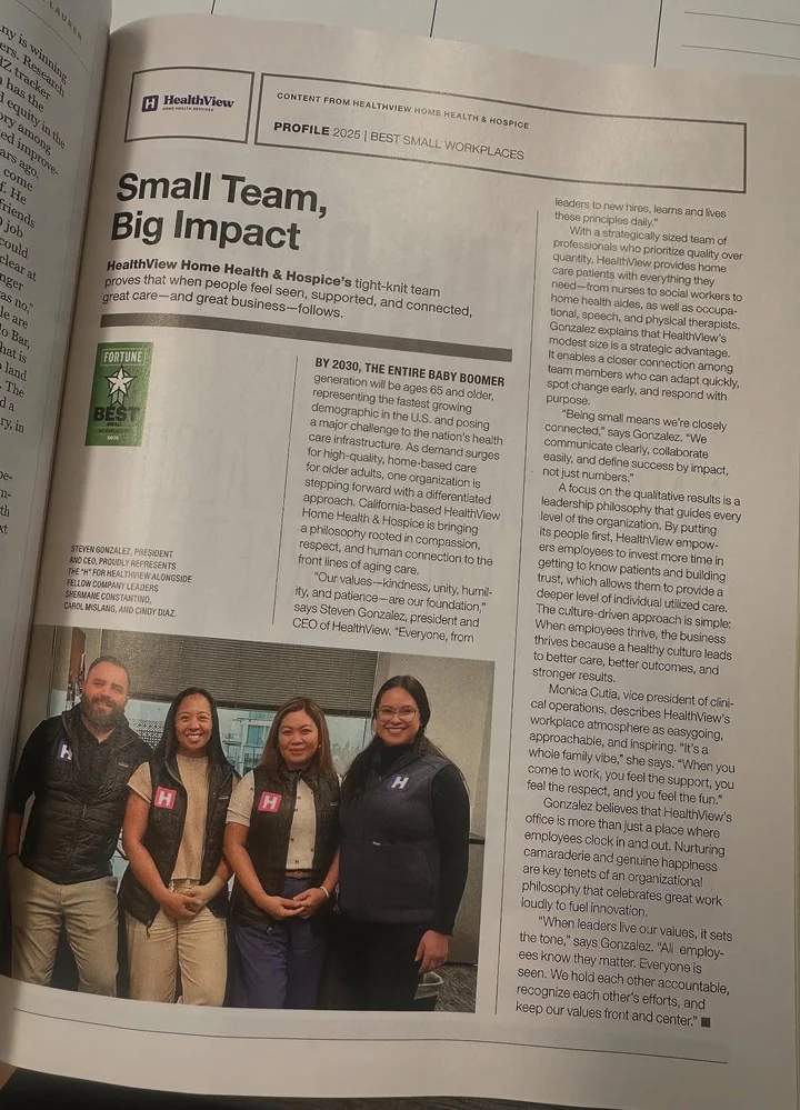 The HealthView profile in Fortune: Small Team, Big Impact, with the Best Small Workplaces badge and the team photo