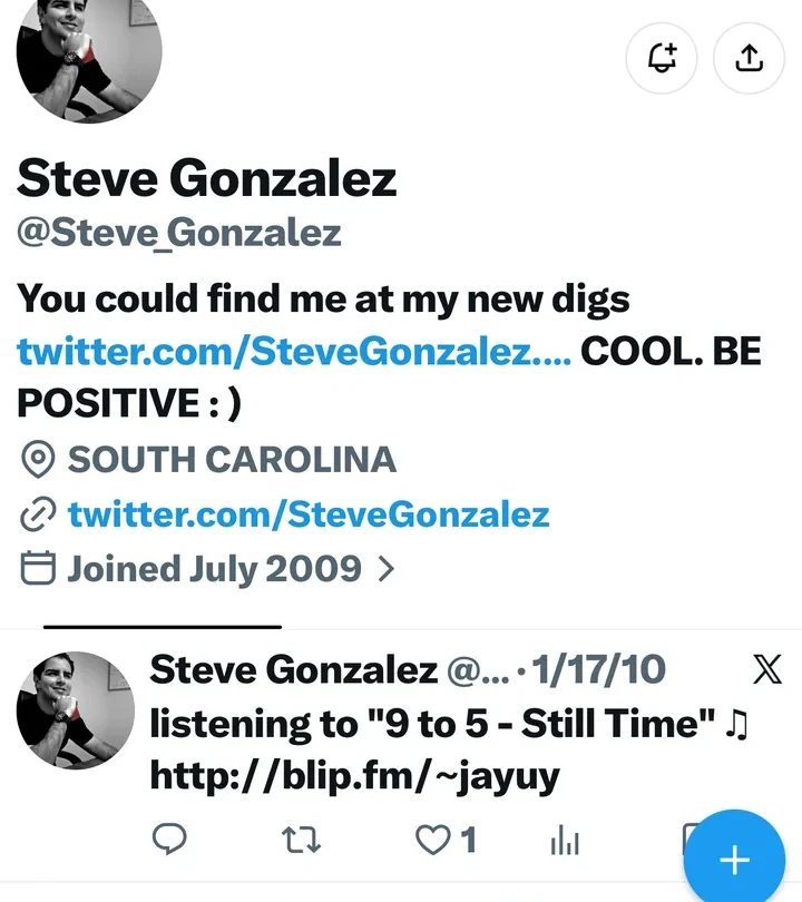 The @Steve_Gonzalez profile, joined July 2009, bio signing off BE COOL. BE POSITIVE