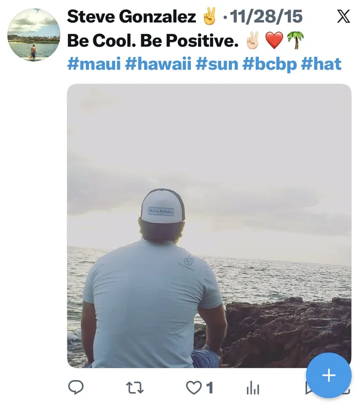 A 2015 post: Be Cool. Be Positive., hashtag bcbp, wearing the brand's hat and shirt on the rocks in Maui