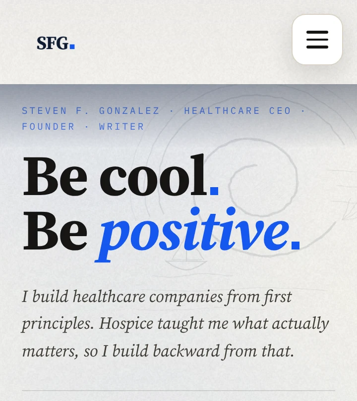 This site's hero: Be cool. Be positive. over the hand-drawn wave